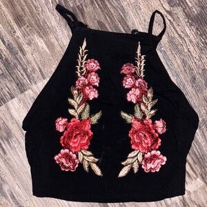 Charlotte Russe Black Crop Top with Red Floral Embroidery